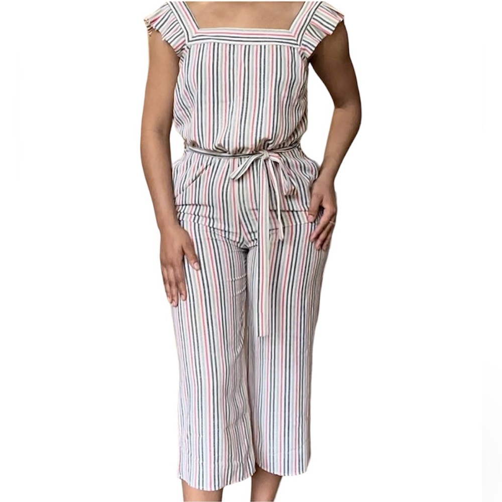 Beautiful Monteau Blue and Pink Striped Romper Jumpsuit w/Flutter Sleeves
